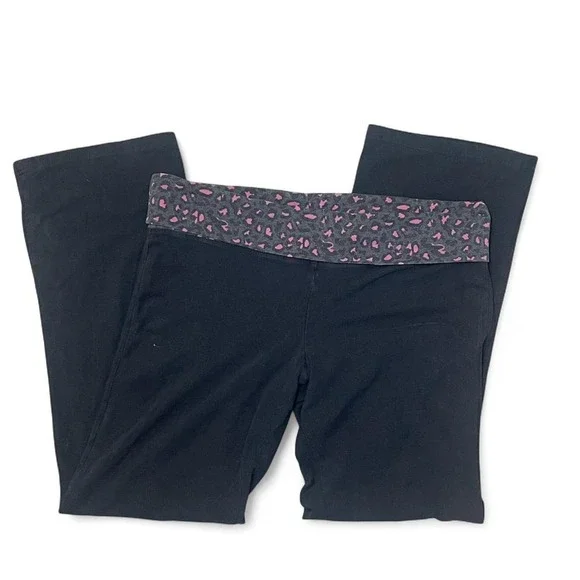 Black and pink leopard print yoga pants with fold over waistband - Picture 2 of 6